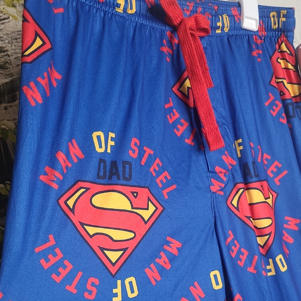 New! DC Superman Dad Man of Steel Mens Medium bright blue red cozy pajama pants